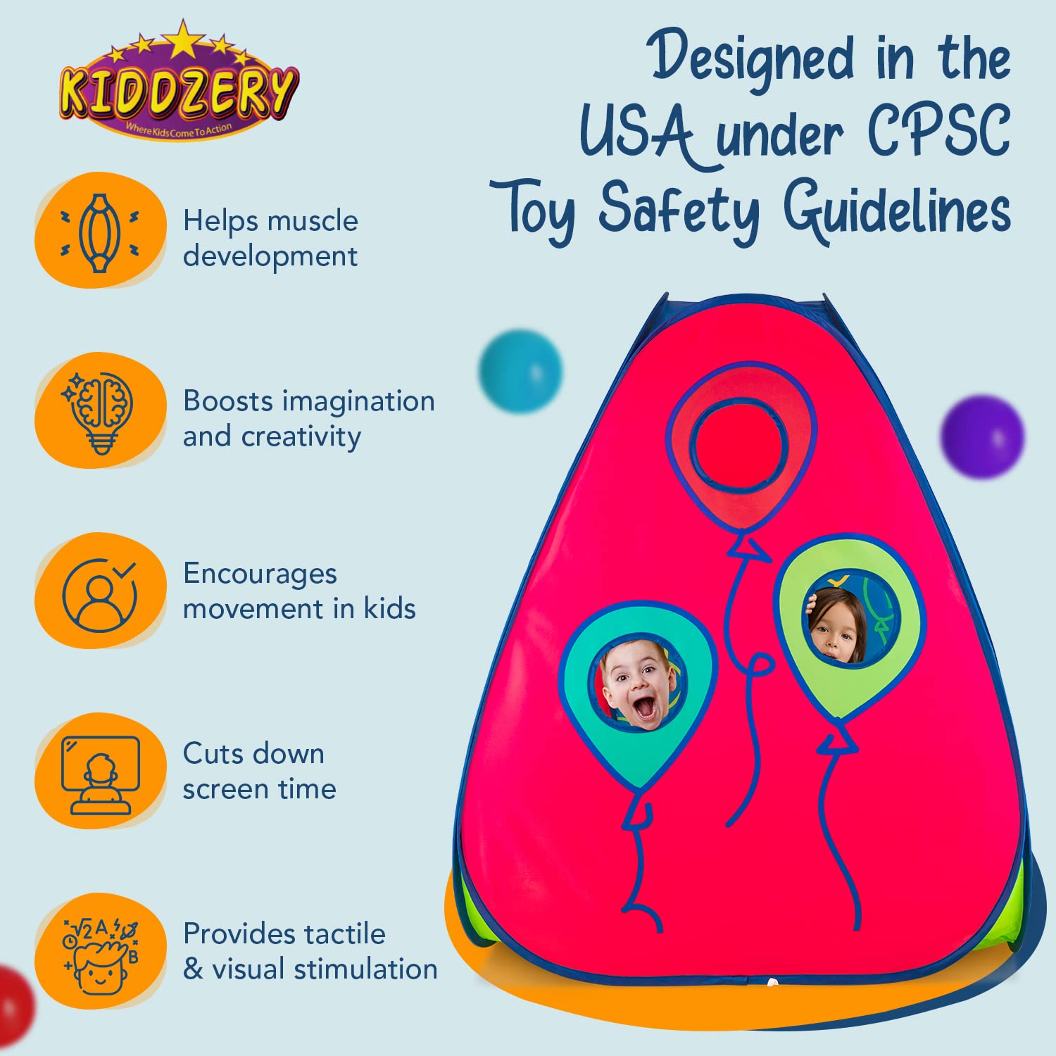 Kiddey 3-in-1 Kids Pop-Up Play Tent, Crawl Tunnel, & Ball Pit Set with 50 Play Balls - 3 Piece Durable Pretend Playhouse Tent for Boys, Girls, Toddlers & Pets - Indoor & Outdoor with Carry Case