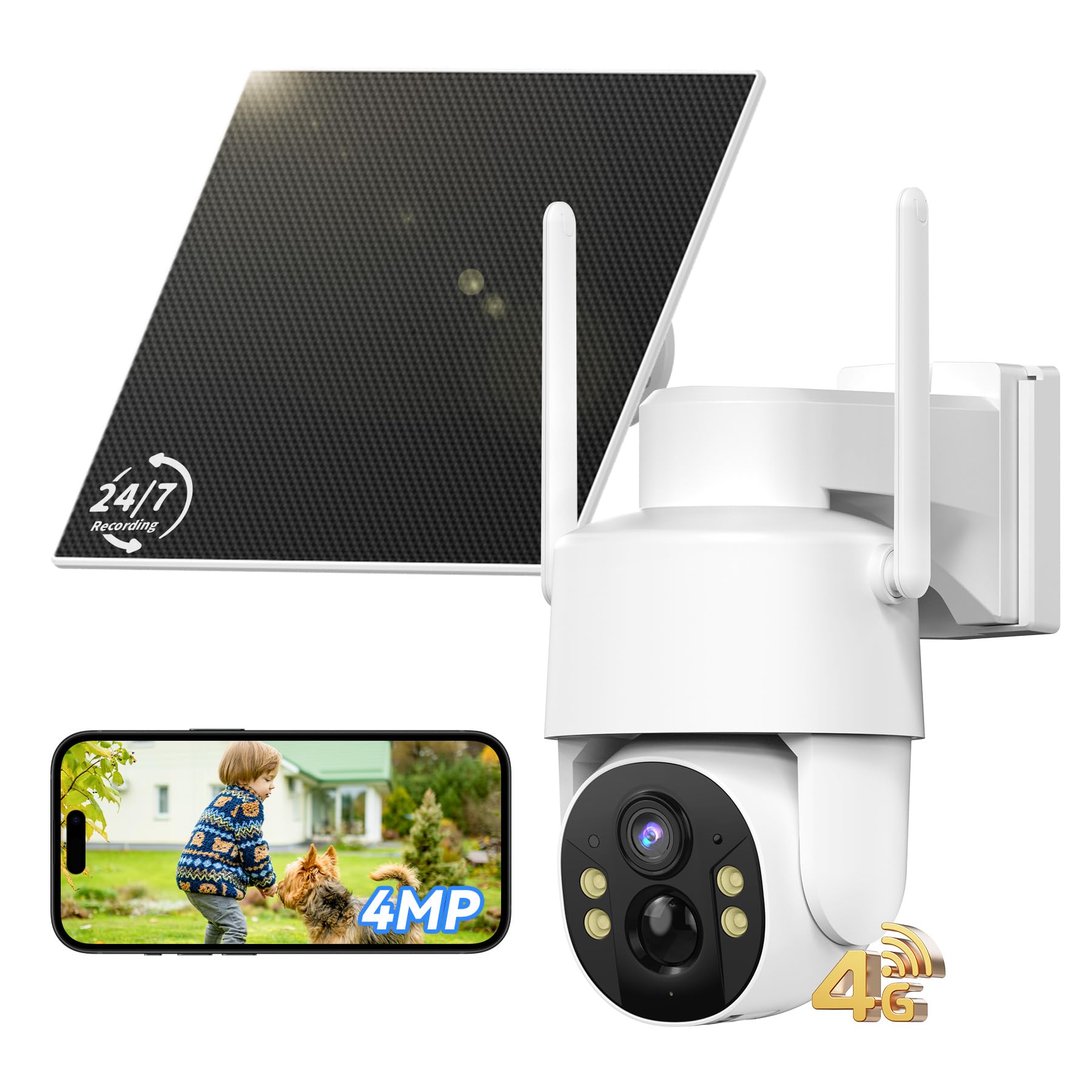 Tical 24/7 Grabación AOV Cámara Vigilancia 4g Exterior Solar con SIM, 2.5K 4MP Camara Exterior Solar con 9000mAh Batería, Detección IA, 360° PTZ, Visión Nocturna en Color, Audio Bidireccional,Blanco