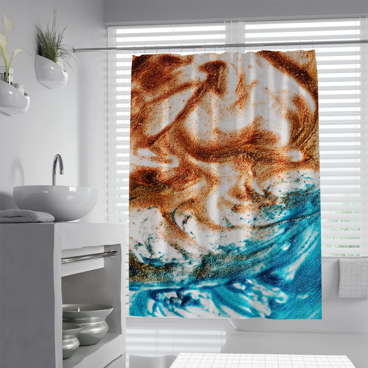 UIRINGART Creative Bathroom Bathtub Curtains W150xL180cm Abstract Cyan Bronze White Mineral Liquid Swirls Pattern Machine Washable Quick Drying Home Hotel Decorative Set