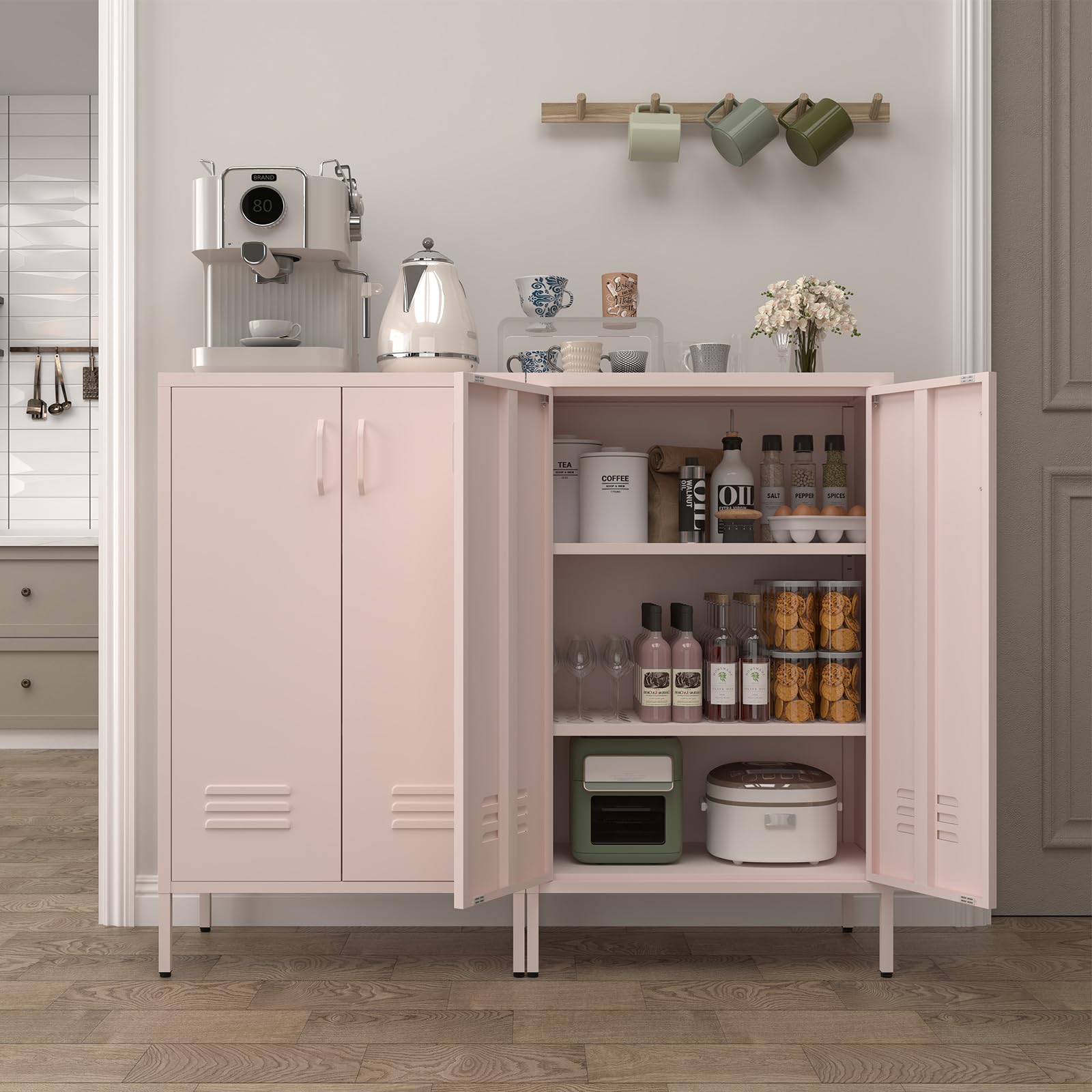 GREATMEET Metall-Lagerungsschrank, Lagerungsschrank mit rosa Akzenten, metallene Speisekammer-Schränke mit Türen, Lagerungsschrank für Wohnzimmer, Küche, Büro