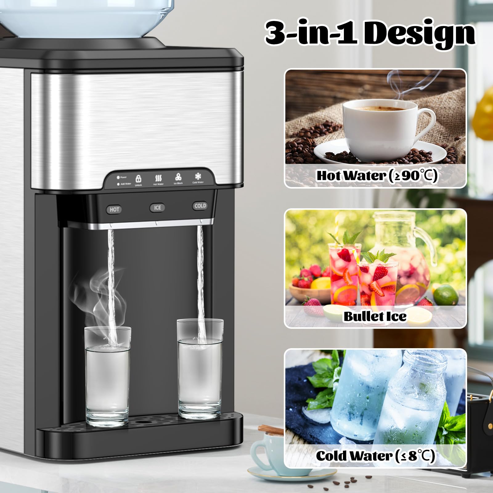 SOARS Machine A Glacons 3 en 1, Distributeur Eau Froide & Chaude, Réservoir d'Eau de 3L, Fabrication Glace 19KG/24H, Refroidissement par Compresseur pour Maison, Bureau