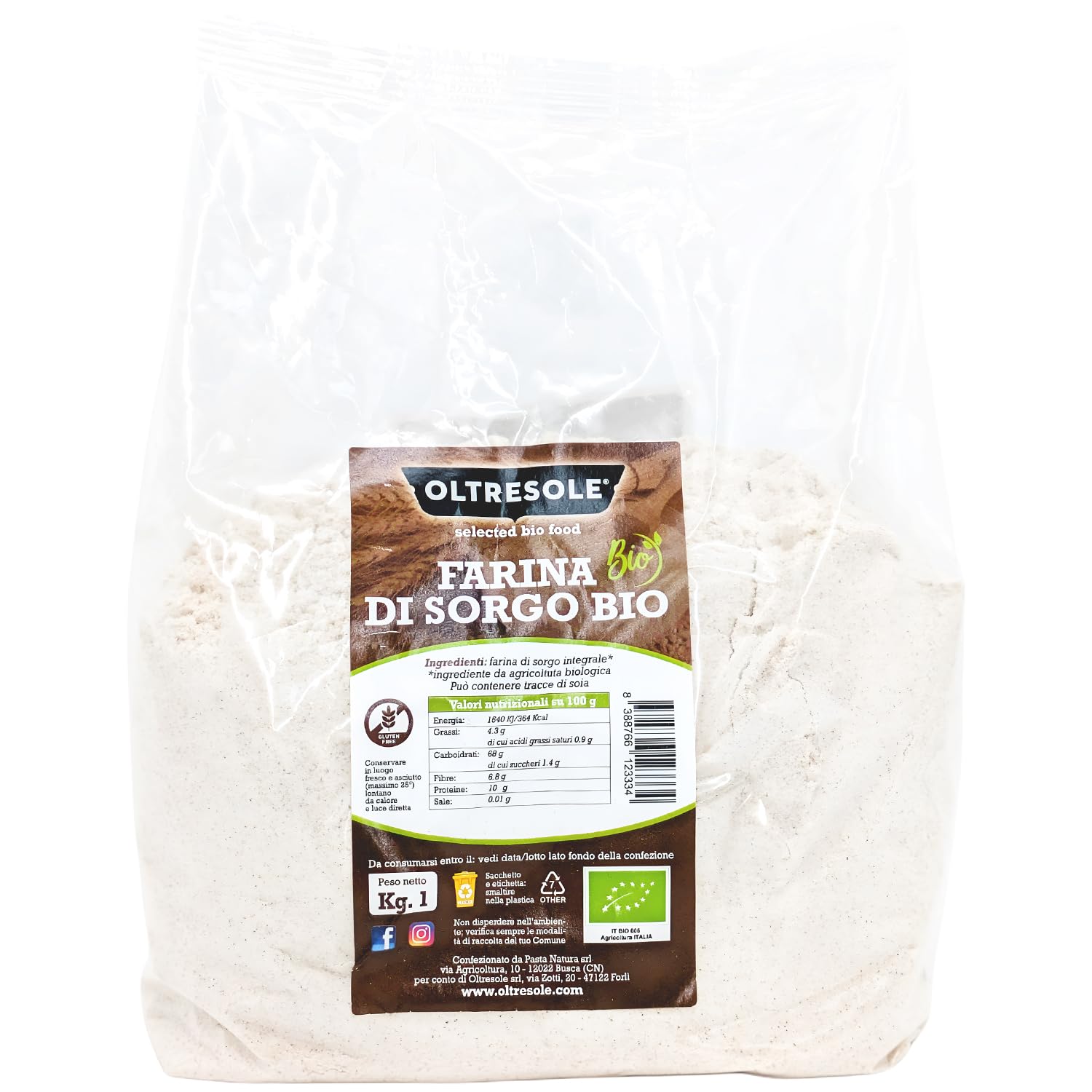 Oltresole, Harina de Sorgo Italiana Ecológica 1 Kg, Sin Gluten, Sin OGM, 100% Made in Italy, Ideal para Celíacos, Pan, Dulces y Pasta, Rica en Fibra y Proteínas