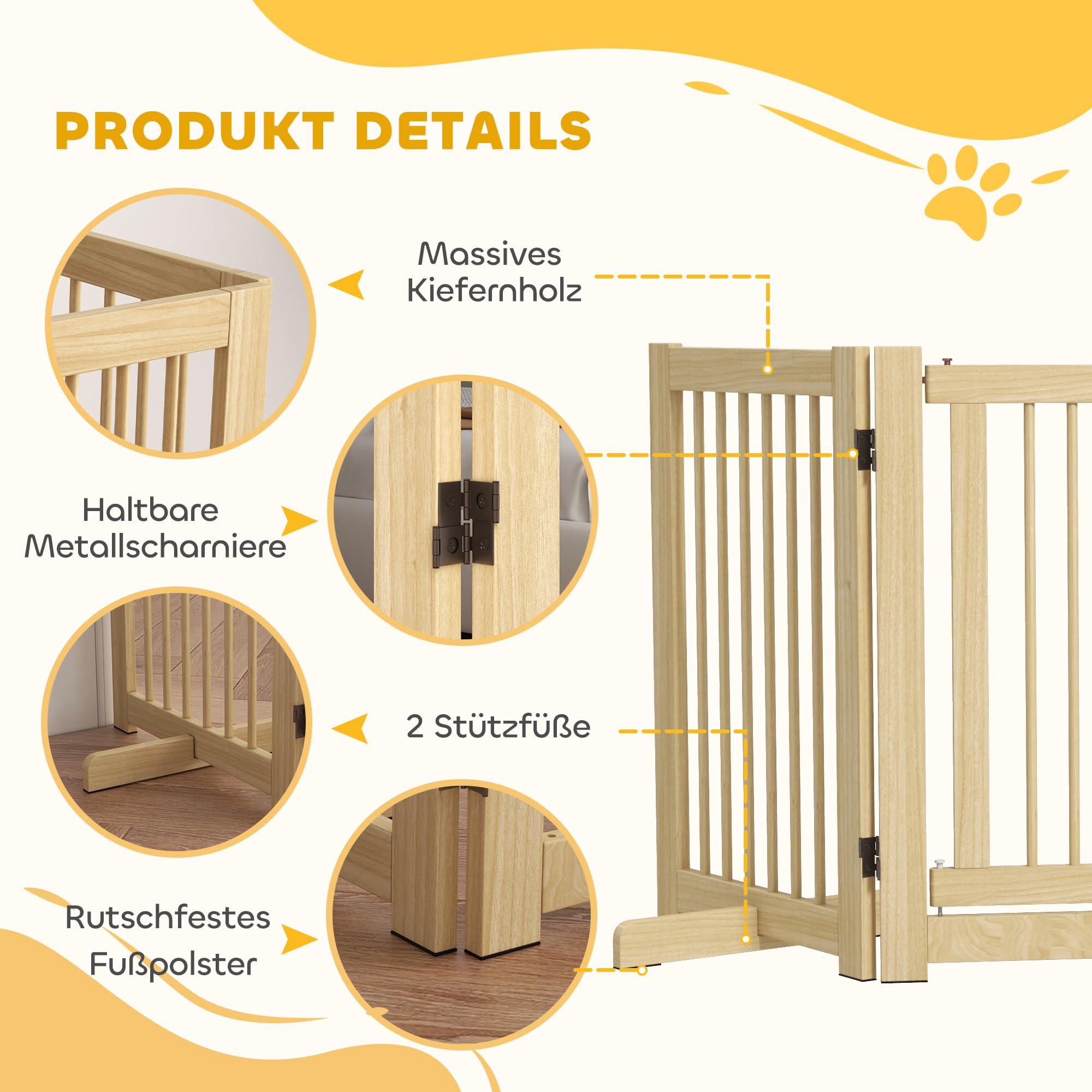 PawHut Absperrgitter Hund Freistehendes Schutzgitter mit Füßen 204 x 75 cm Holz Hundegitter Treppenschutzgitter Türschutzgitter Treppengitter für Treppen, Türen, Küche, Flur, 4 Paneelen, Natur