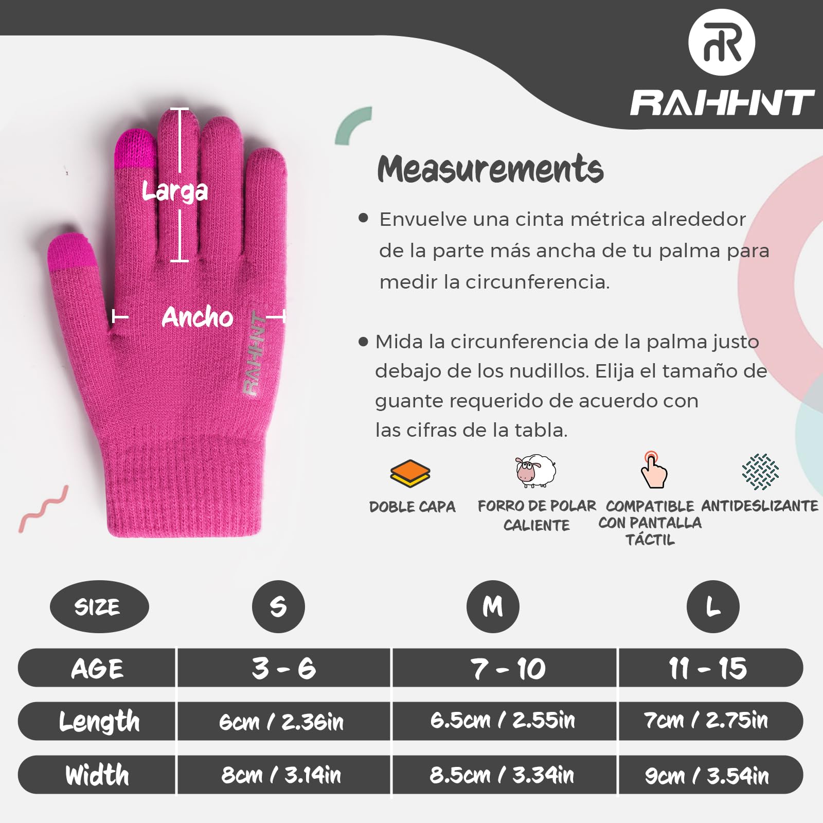 Rahhint Guantes Lana Invierno Termicos para Niños y Niñas 4-15 Años con Punto Pequeños Forro Polar Aislado