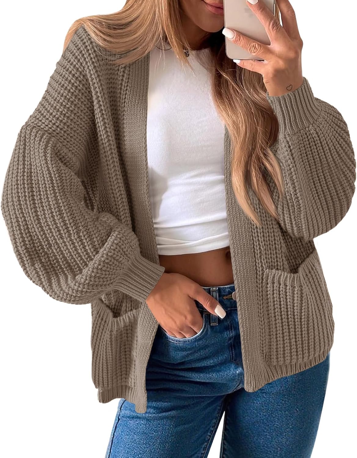 Saodimallsu Womens Oversized Cardigan Ribbed Chunky Knit Long Lantern Sleeve Open Front Fall Sweater Coats