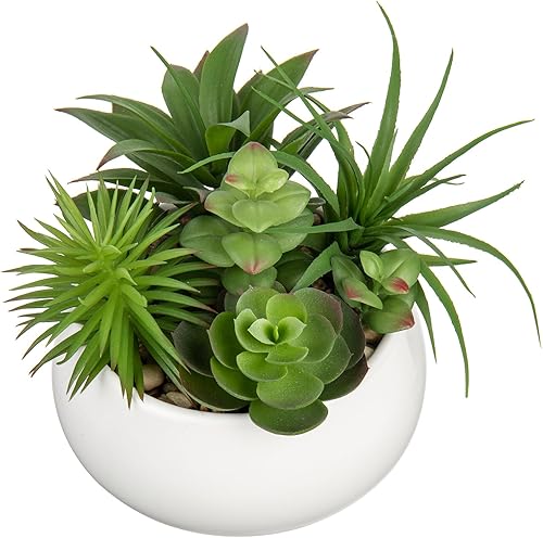 Plantas falsas suculentas artificiales en macetas, arreglo de suculentas de imitación en maceta en maceta de cerámica blanca, cuenco para decoración