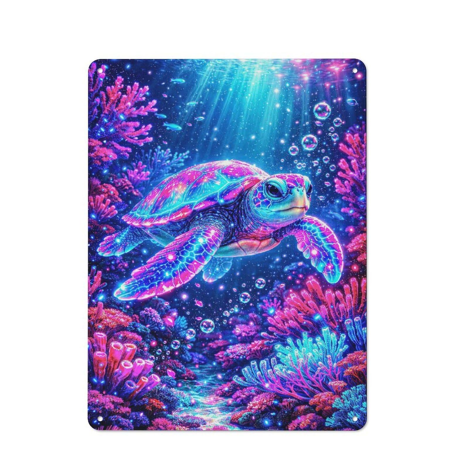 Neon Turtle Underwater Coral Reef Metal Tin Sign, Small Wall Accent for Small Toilet, Washroom And Hallway, 40x30cm