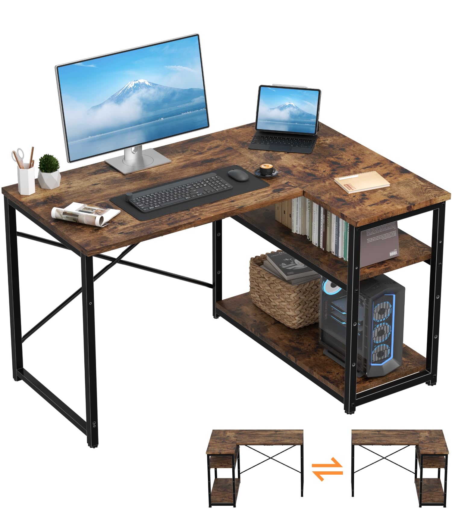 TRIUMPHKEY Escritorio Esquinero Pequeño en L de 110x80 cm con Almacenamiento, Escritorio de Esquina con Estante Reversible, Estable Mesa Ordenador en L para Oficina, Estudio o Secretaría, Marrón