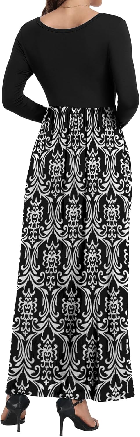 Women's Long Sleeve Loose Plain Long Maxi Casual Dresses with Pockets (Black White, X-Large) - Image 5