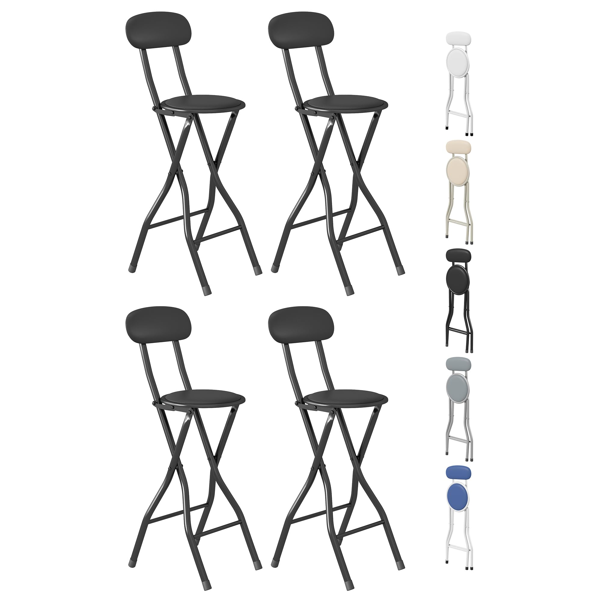 mcc direct Klappbare Barhocker, 4er-Set, für Frühstückstheke, Küche und Restaurant, klappbare Stühle aus Kunstleder mit Metallgestell, gepolsterte hohe Stühle (Schwarz)