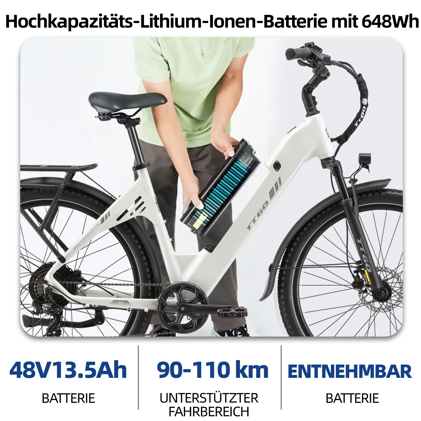 ttgo C5 27.5 Zoll E-Bike für Damen & Herren, 250W HECKMOTOR MIT 70 NM, 48V 13.5Ah Akku abnehmbar, 110–130 km Reichweite, Shimano 7-Gang, montieren.27.5"*2.4 StVZO
