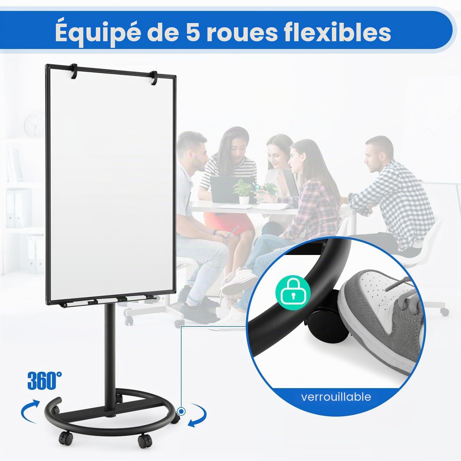 FANTASK Tableau blanc mobile, 100 x 65 cm, à rabat, sur roulettes, effaçable à sec, réglable en hauteur jusqu'à 192 cm, magnétique, support avec marqueurs, aimants, support rond et gomme