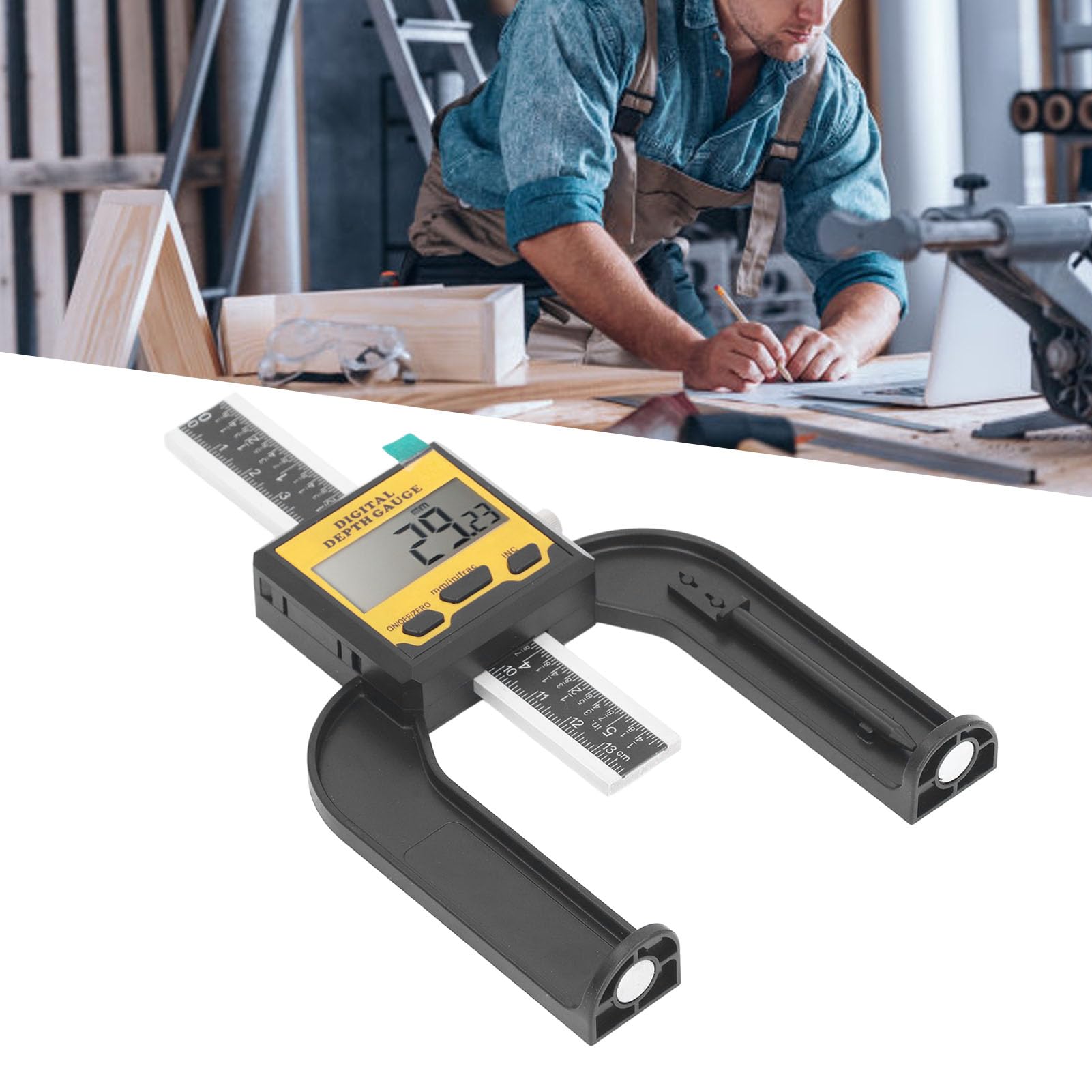 FTVOGUE Jauge de Profondeur Numérique, Outil de Travail du Bois, Matériau ABS avec Résolution de 0,01 Mm, Base Magnétique pour Table de Toupie et Rapporteur, Mesure Précise de la Hauteur