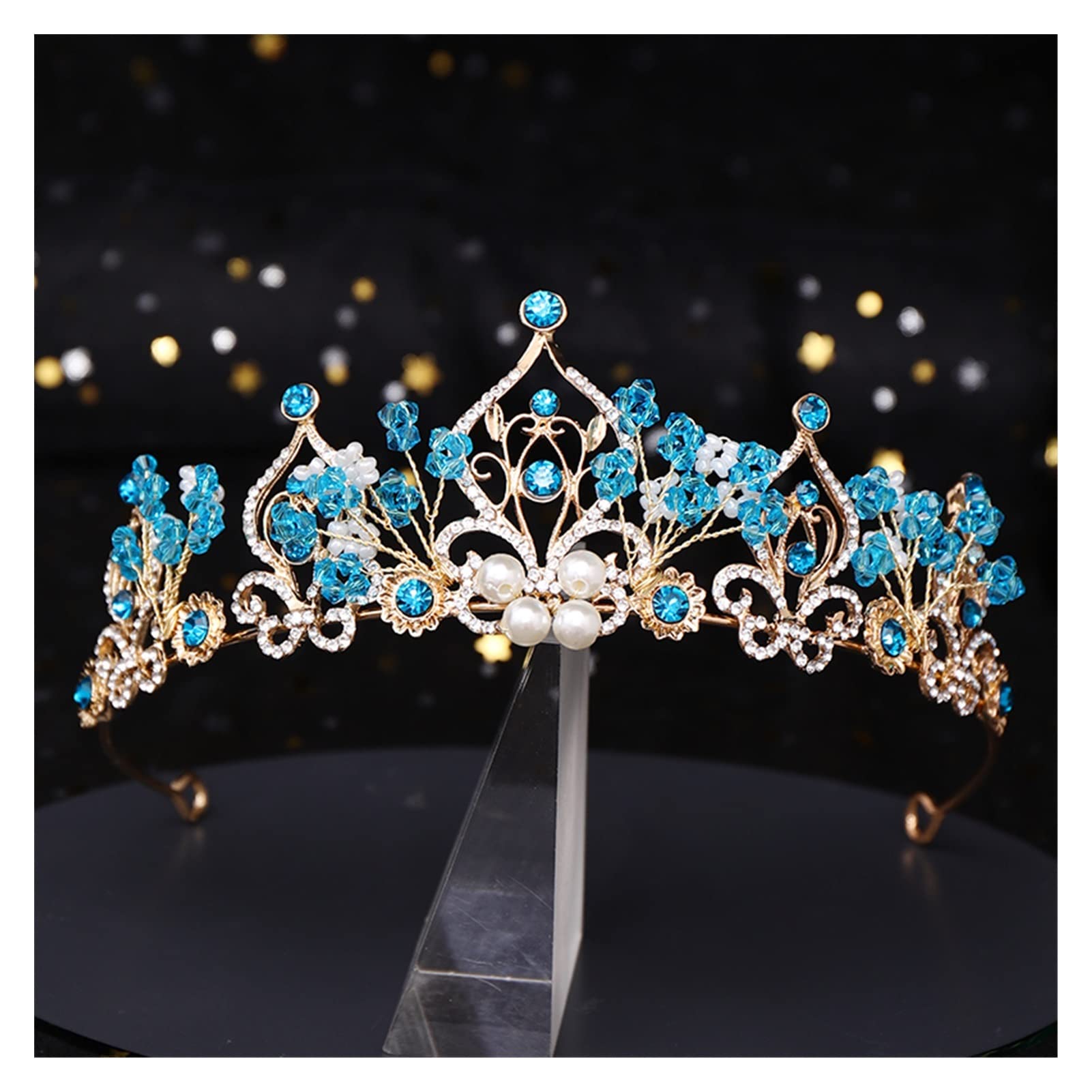 Blume Perle Blau Kristall Tiara Trendige Prinzessin Krone Braut Diadem Hochzeit Krone Diademe Haarschmuck Hochzeit Haarschmuck Tiara (Metal Color : A Blue)