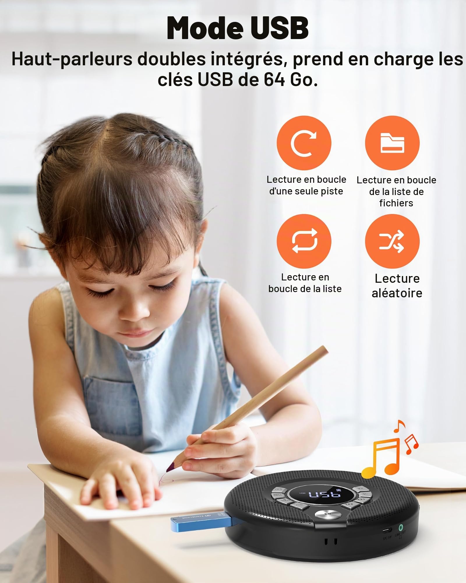 Lecteur CD Portable Greadio avec écouteurs, Lecteur CD Discman avec Fonction Anti-Saut/résistant aux Chocs et Batterie Rechargeable de 2000 mAh, émetteur FM Compatible, Port USB, Sortie AUX