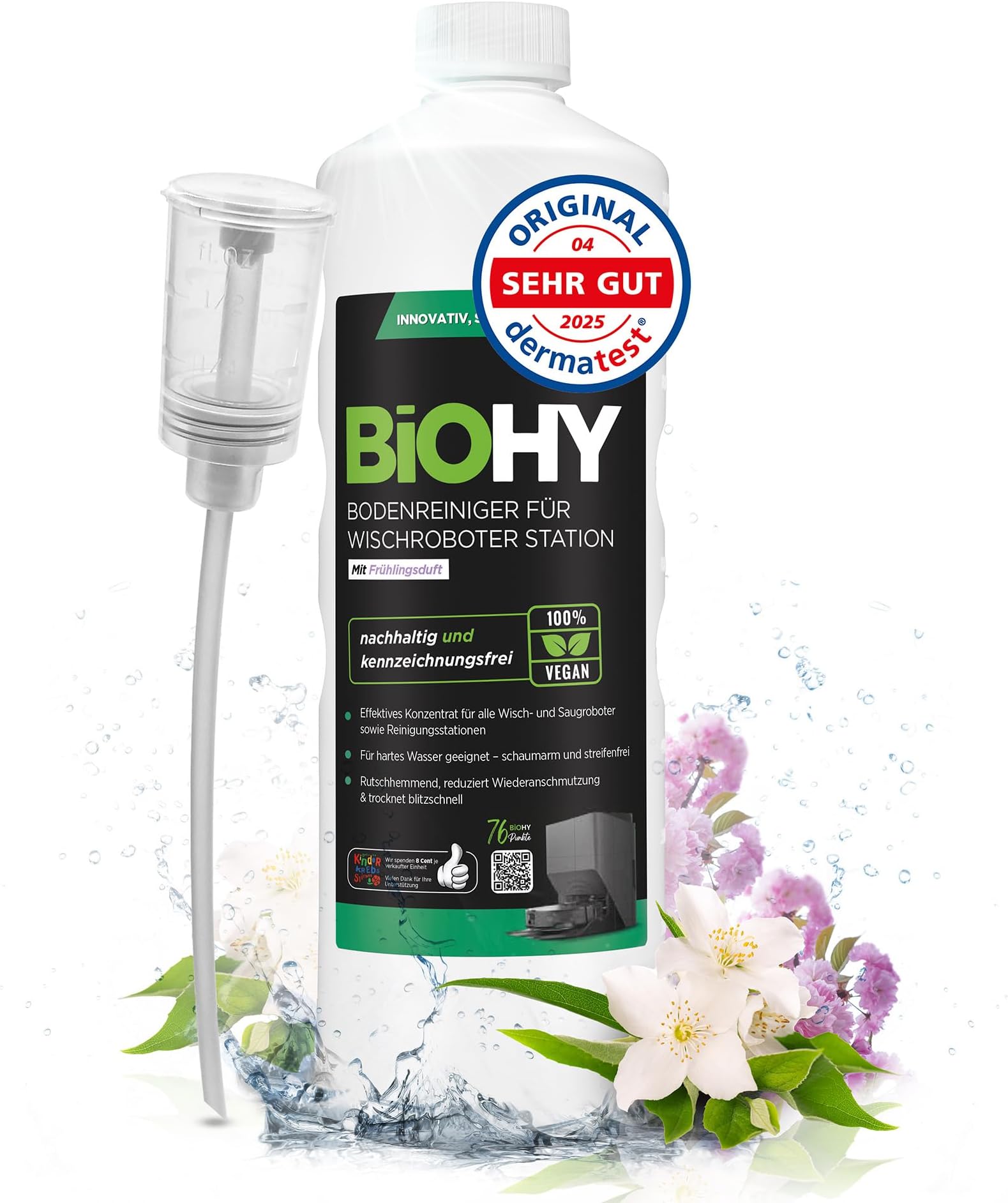 BiOHY Floor Cleaner for Mop Robot Station with Spring Fragrance (1 Litre Bottle) + Dispenser, Concentrate Cleaning Agent for All Mop and Robot Vacuum Cleaner with Wet Function, Low Foam and