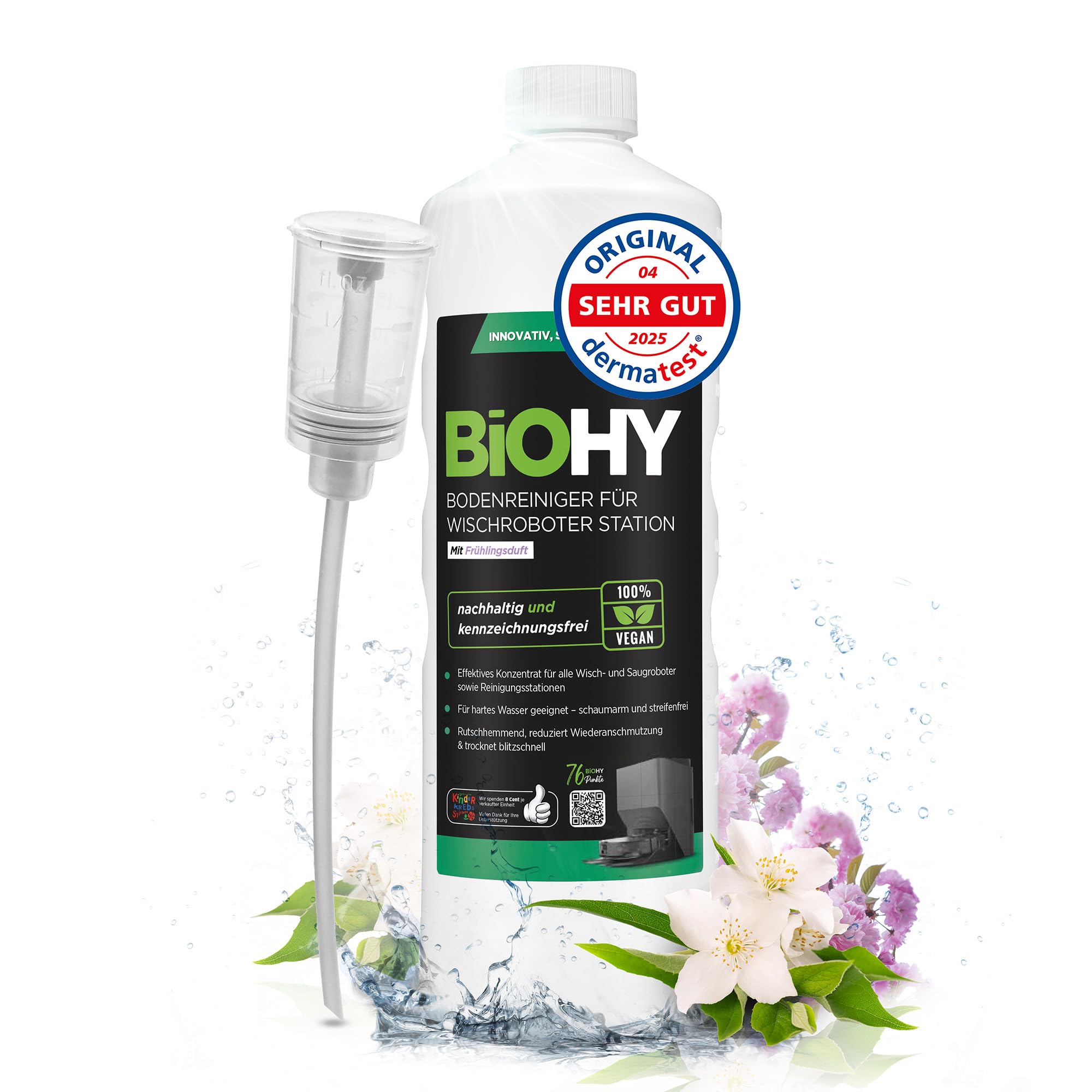 Floor Cleaner for Mop Robot Station with Spring Fragrance (1 Litre Bottle) + Dispenser, Concentrate Cleaning Agent for All Mop and Robot Vacuum Cleaner with Wet Function, Low Foam and