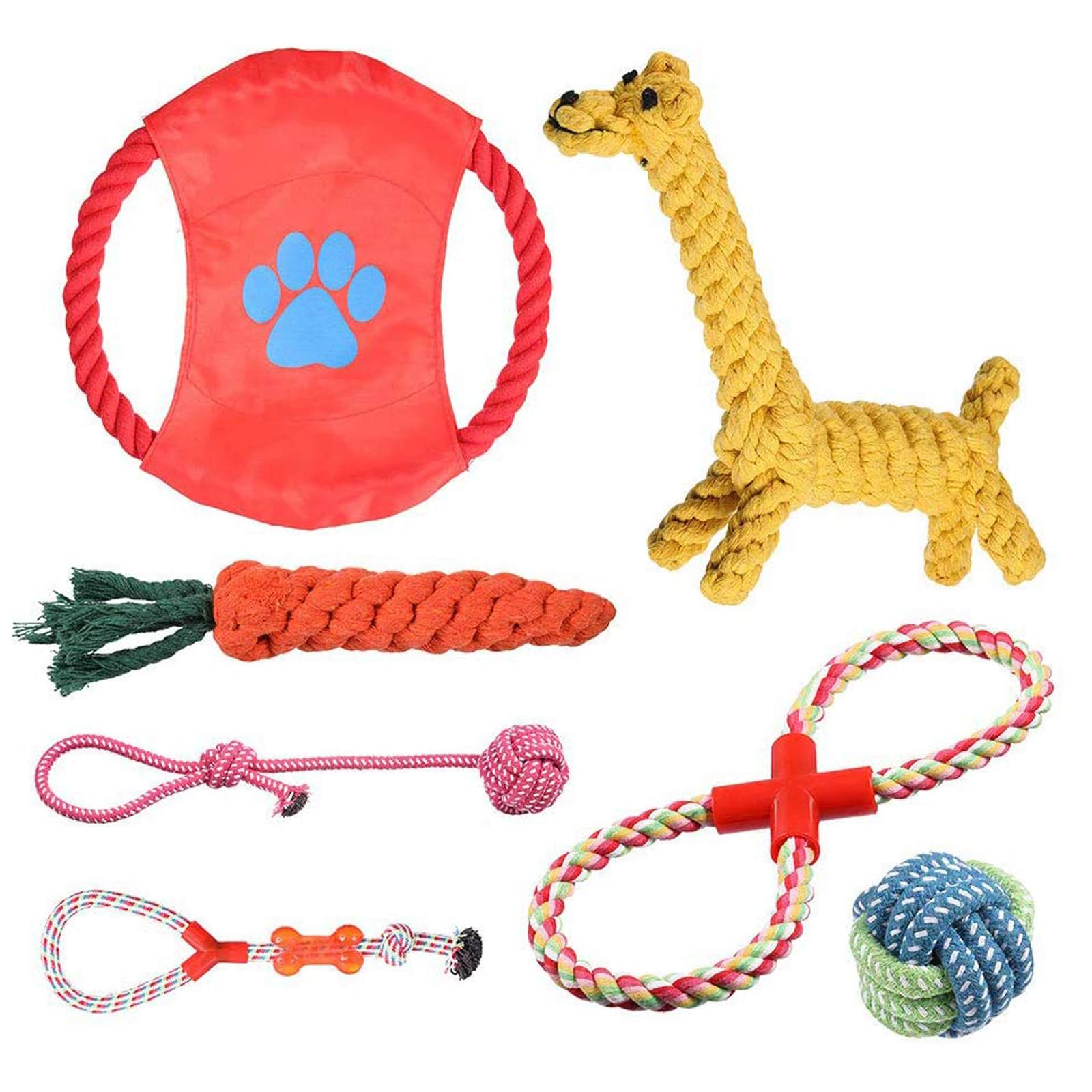 Anjing Juego de 7 Paquetes de Juguetes para Masticar Cachorros y Perros para Entrenamiento de dentición, Jirafa, Cuerda de Juguete Interactivo de Goma, Juego de Regalo Color Aleatorio.