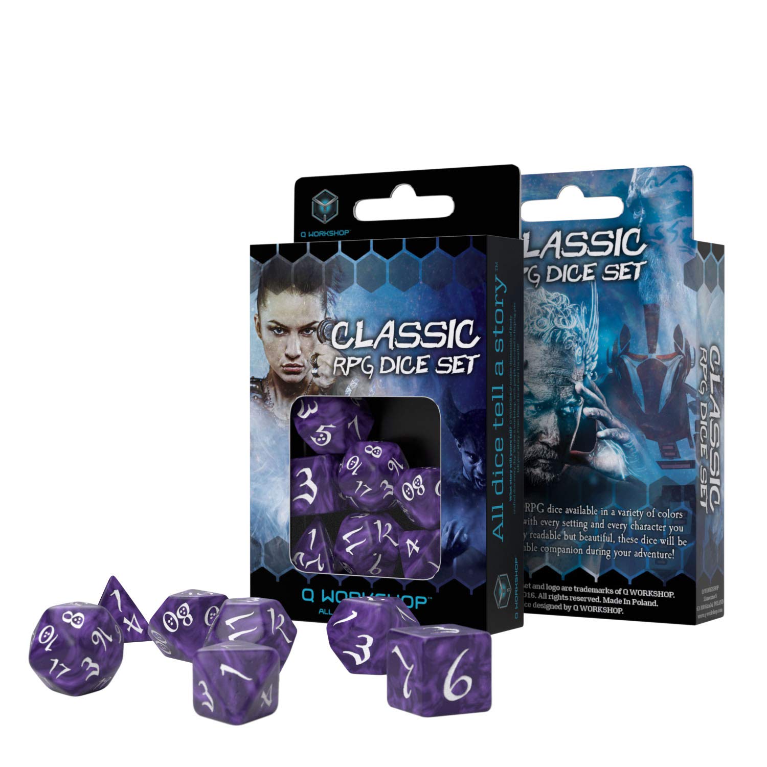 Set De 7 Dados Élficos De Q-Workshop – D20, D12, 2d10, D8, D6 Y D4, Color Blanco Con Números Negros, Ideal Para Juegos De Rol