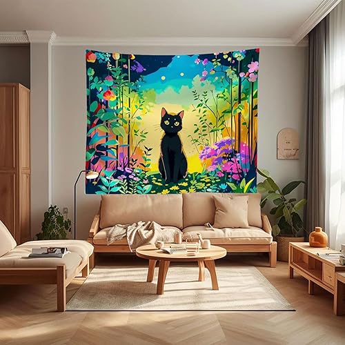 Tapiz floral de gato del bosque oscuro de 40 x 30 pulgadas, tapiz bohemio, tapiz decorativo de flores de arte vintage para colgar en la pared, tapiz