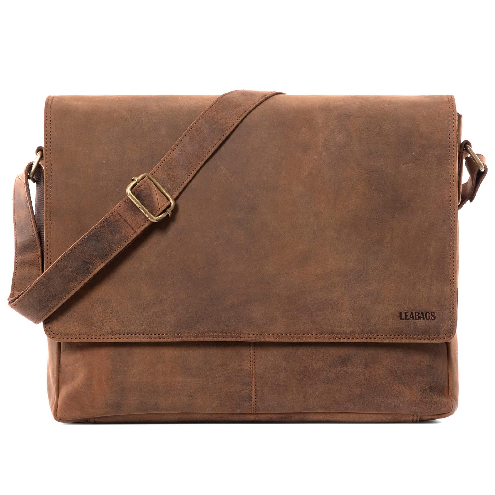LEABAGS Oxford Laptoptasche Leder Herren Damen 15 Zoll – Messenger Bag Echtleder – Arbeitstasche Umhängetasche 38x31x10 cm