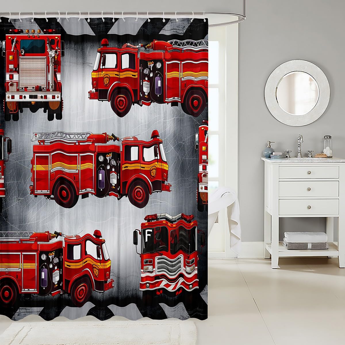 Fire Truck Shower Curtain - Red Fire Engine Waterproof Bath Curtain For Kids' Bathroom (72x72 Inches)