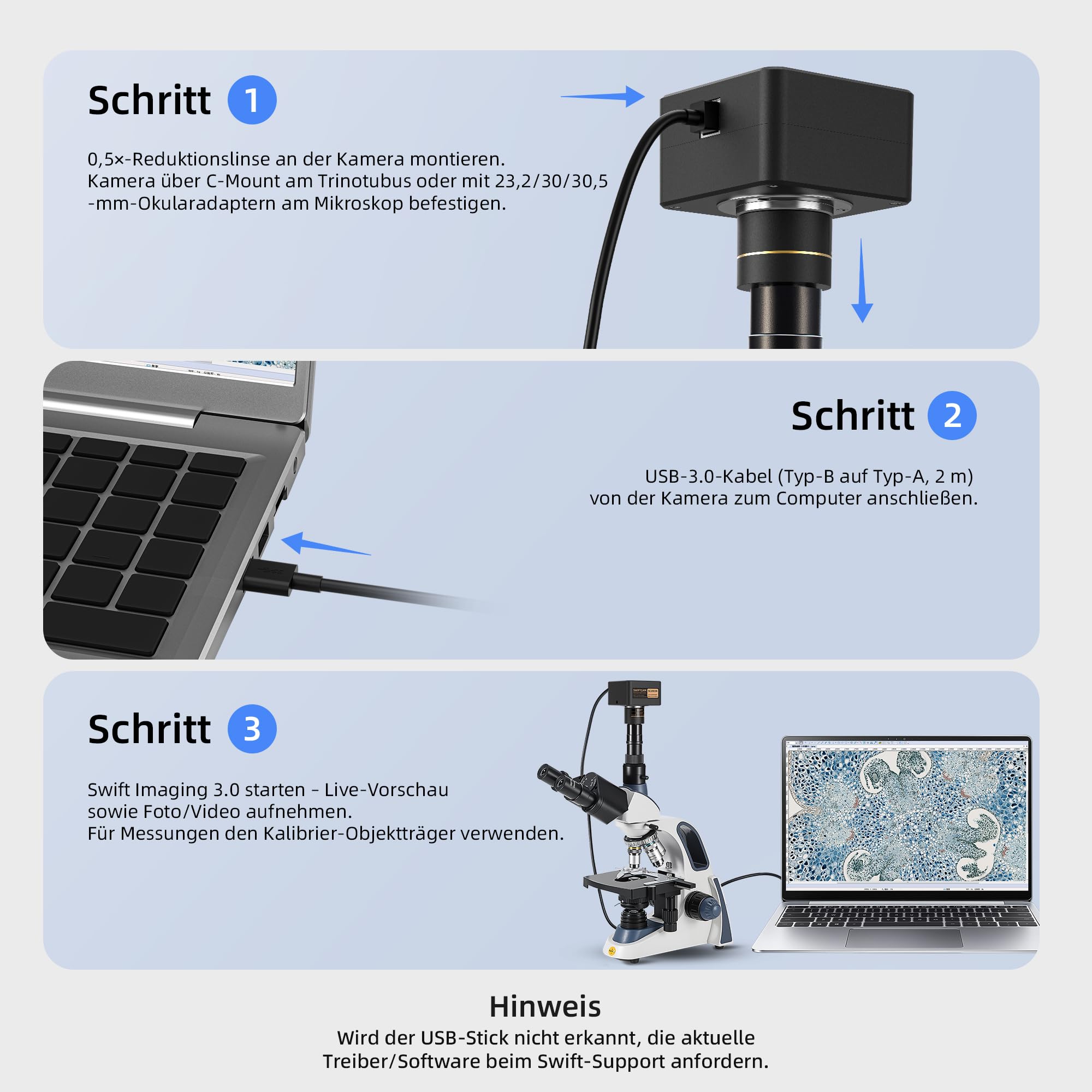 Swiftcam SC2003R-CK Caméra 20 MP USB 3.0 C-Mount 0.5× Réduction Optique pour Microscopes
