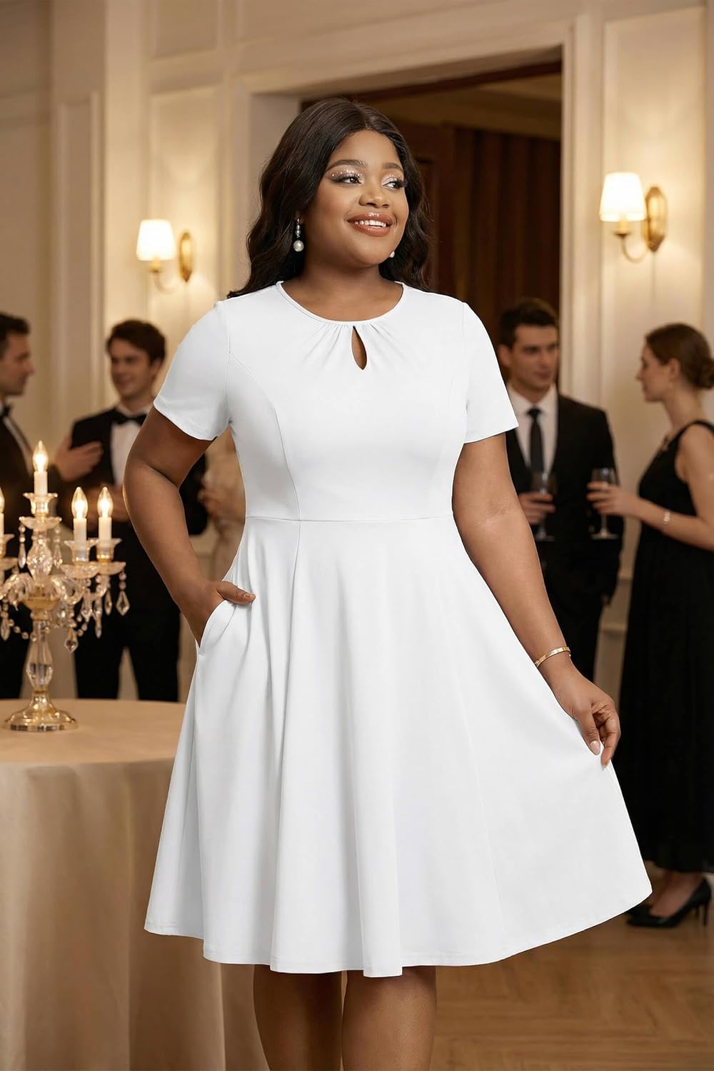 Nmoder Plus Size Dress for Women - Casual Short Sleeve Keyhole A-Line Church Work Summer Midi Dresses with Pockets - Image 2