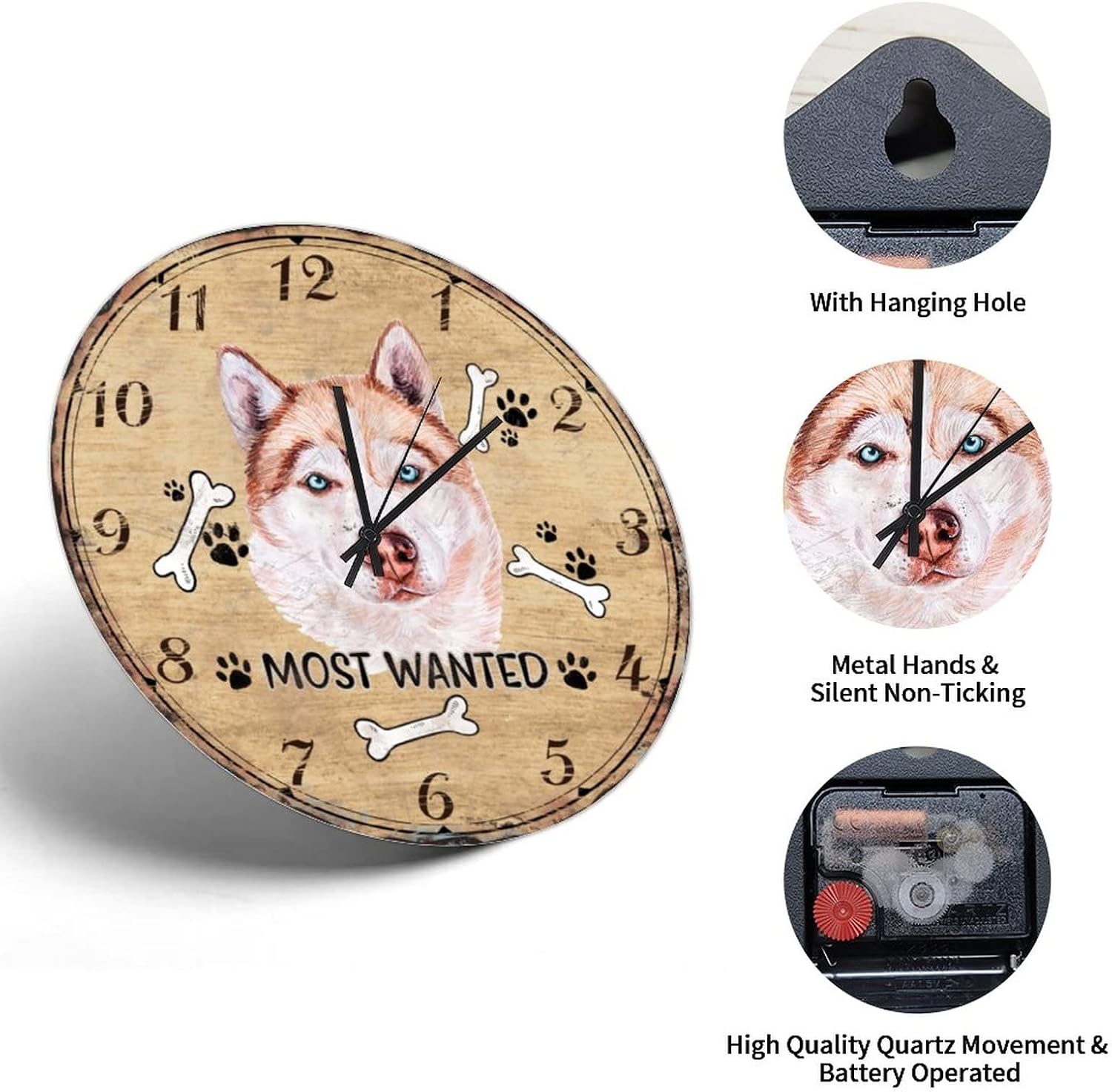 Cute Pet Dog Paw Hanging Clock Dog Lovers Gift Wooden Clock 10in Classic Non-Ticking Sweep Quartz Battery Operated Marine Style Popular Wall Decor for Farmhouse Bedroom Dessert Station Man Cave image 3