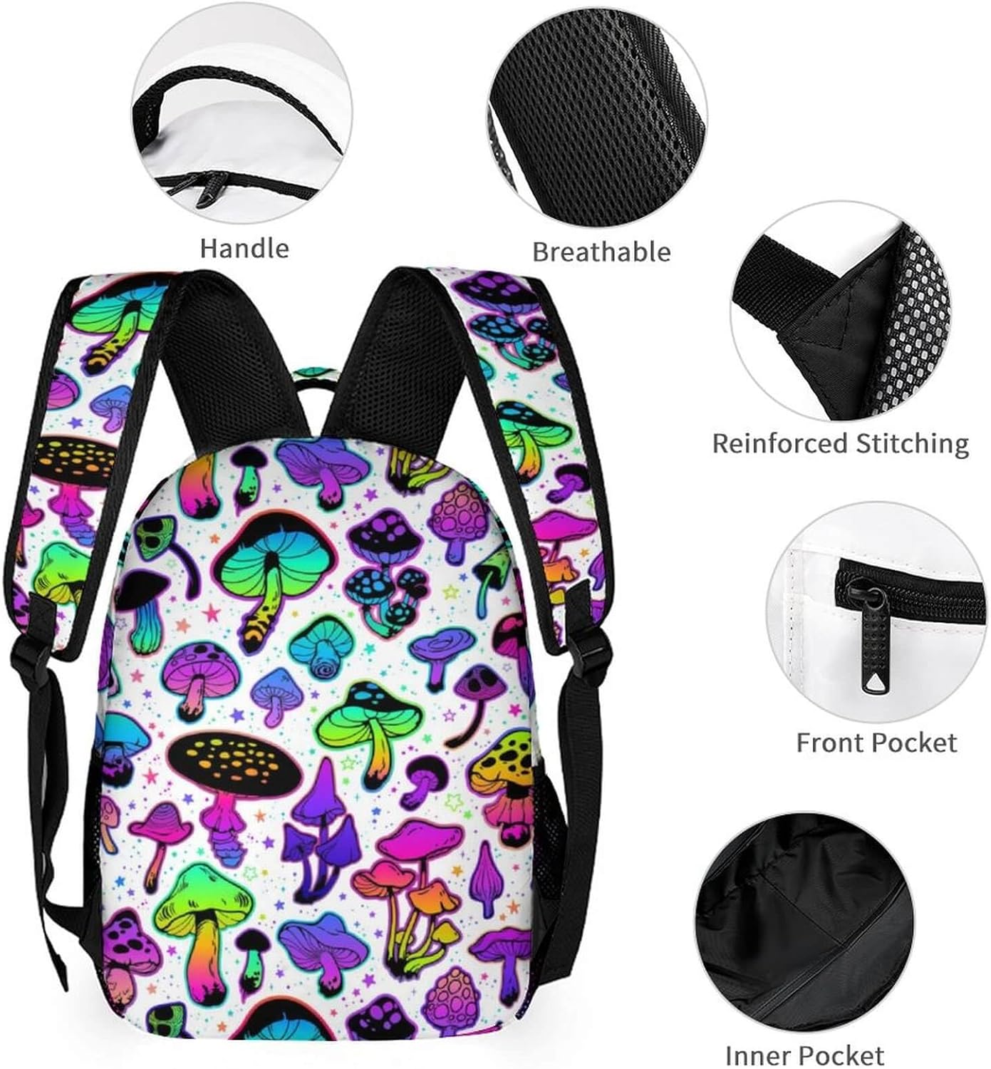 Mushroom Backpack with Lunch Box & Pencil Case, 16 Inch Cute Mushroom Themed Bookbag, Adjustable Lightweight Large Capacity, Colorful Mushroom Backpack Set for Kids Girls Boys School - Image 3