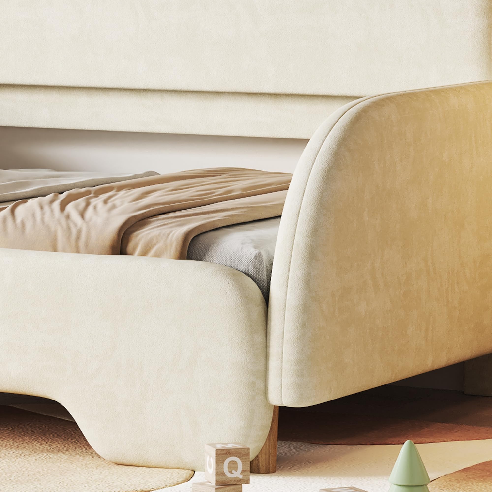 Merax Cama infantil de 140 x 200 cm, cama acolchada con cama nido, cama de terciopelo con bordes protectores suaves y somier de láminas de madera, cama doble para habitación infantil, color beige