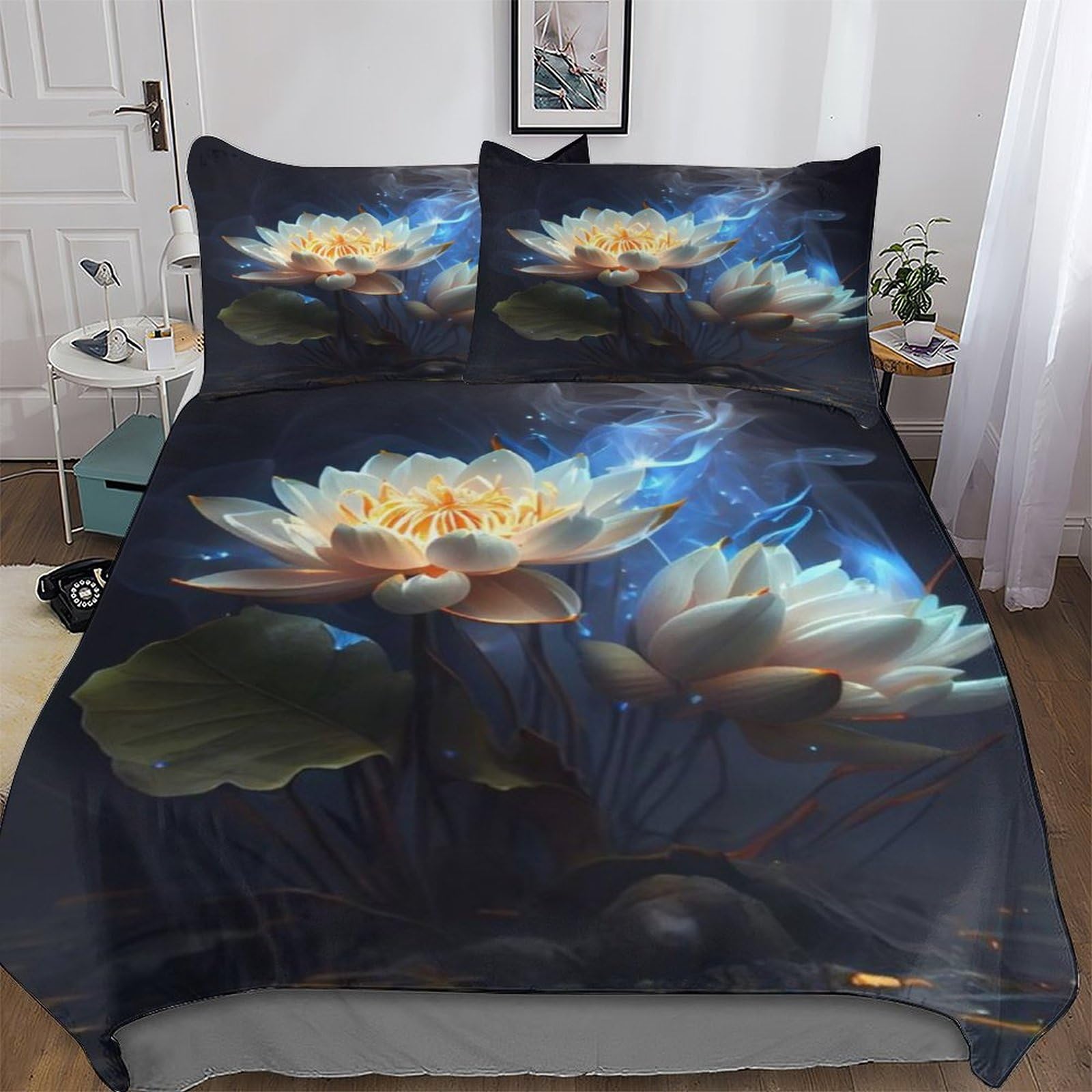 Housse de couette lotus 3D pour literie double infroissable douce