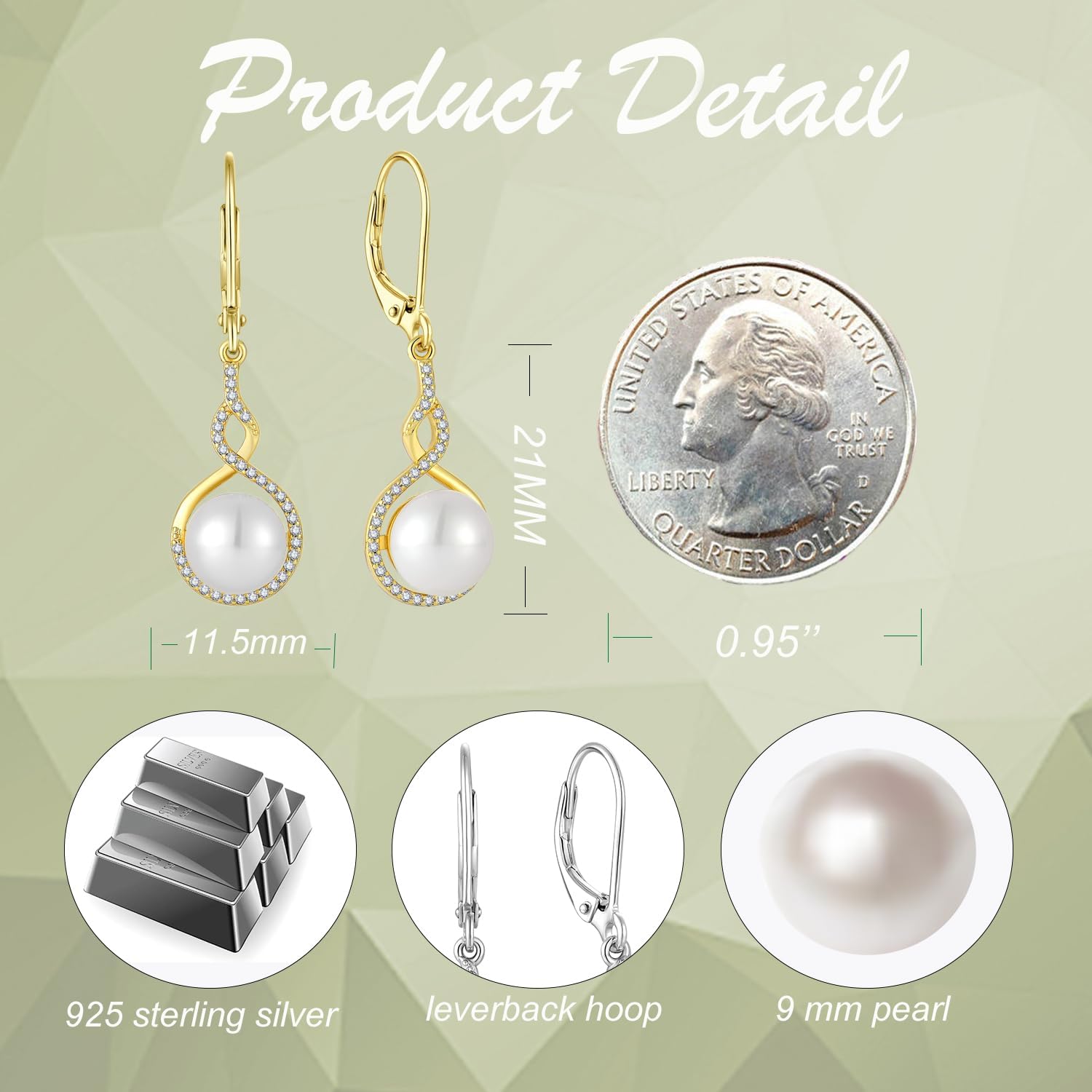 Pearl Earrings 925 Sterling Silver Infinity Dangle Drop Earrings with 9mm Freshwater Cultured Pearls for Women Birthday Christmas - Image 6