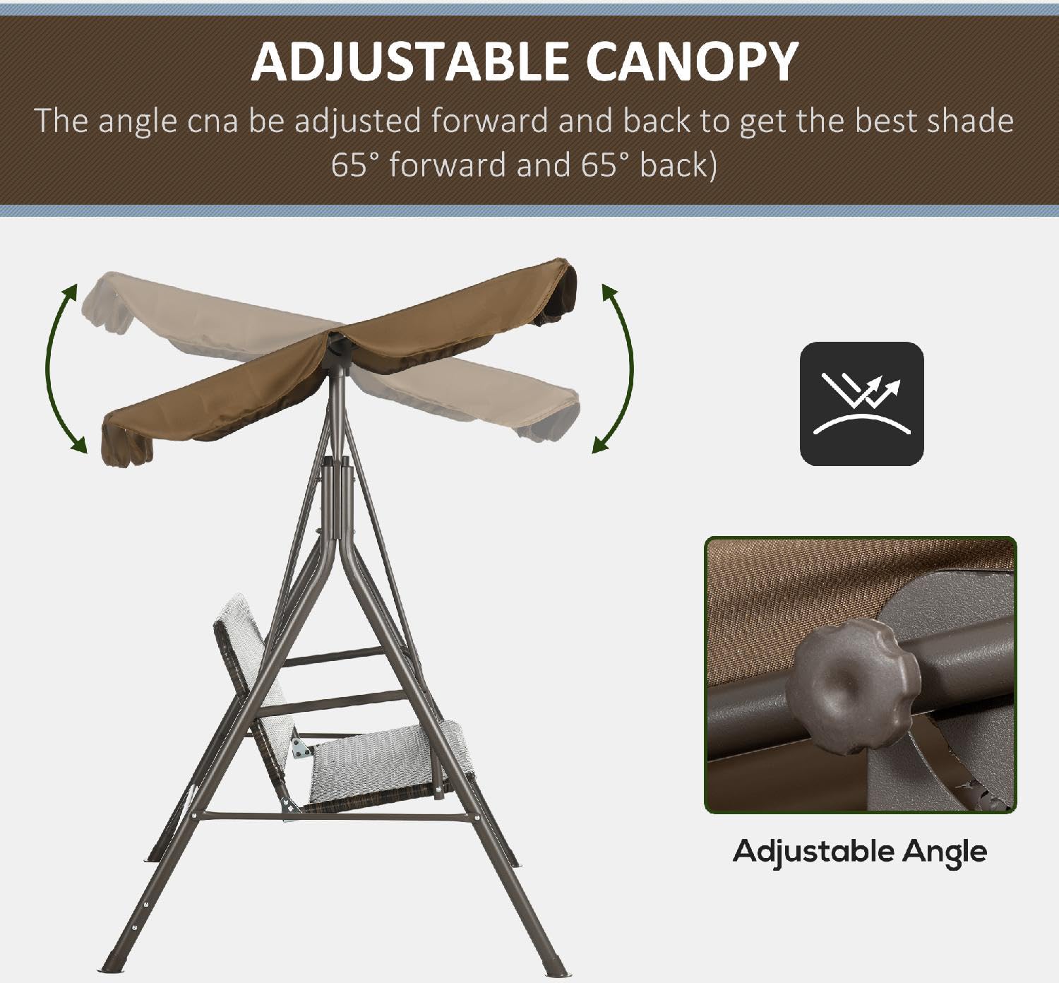 Dondolo da Giardino 3 Posti con Tettuccio Parasole in Acciaio/Rattan PE Dimensioni 167x112x153 cm Colore Marrone