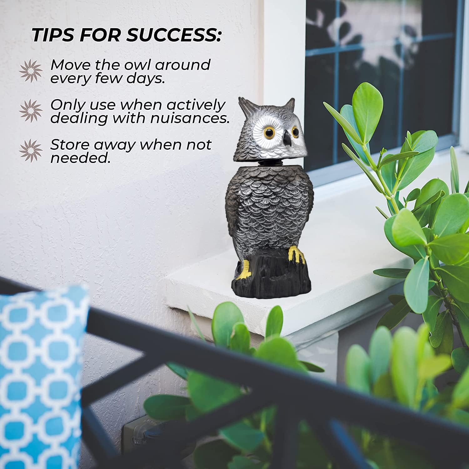 Galashield Owl Decoy to Scare Birds Away Scarecrow Fake Owl with Rotating Head 15" Tall - Image 7