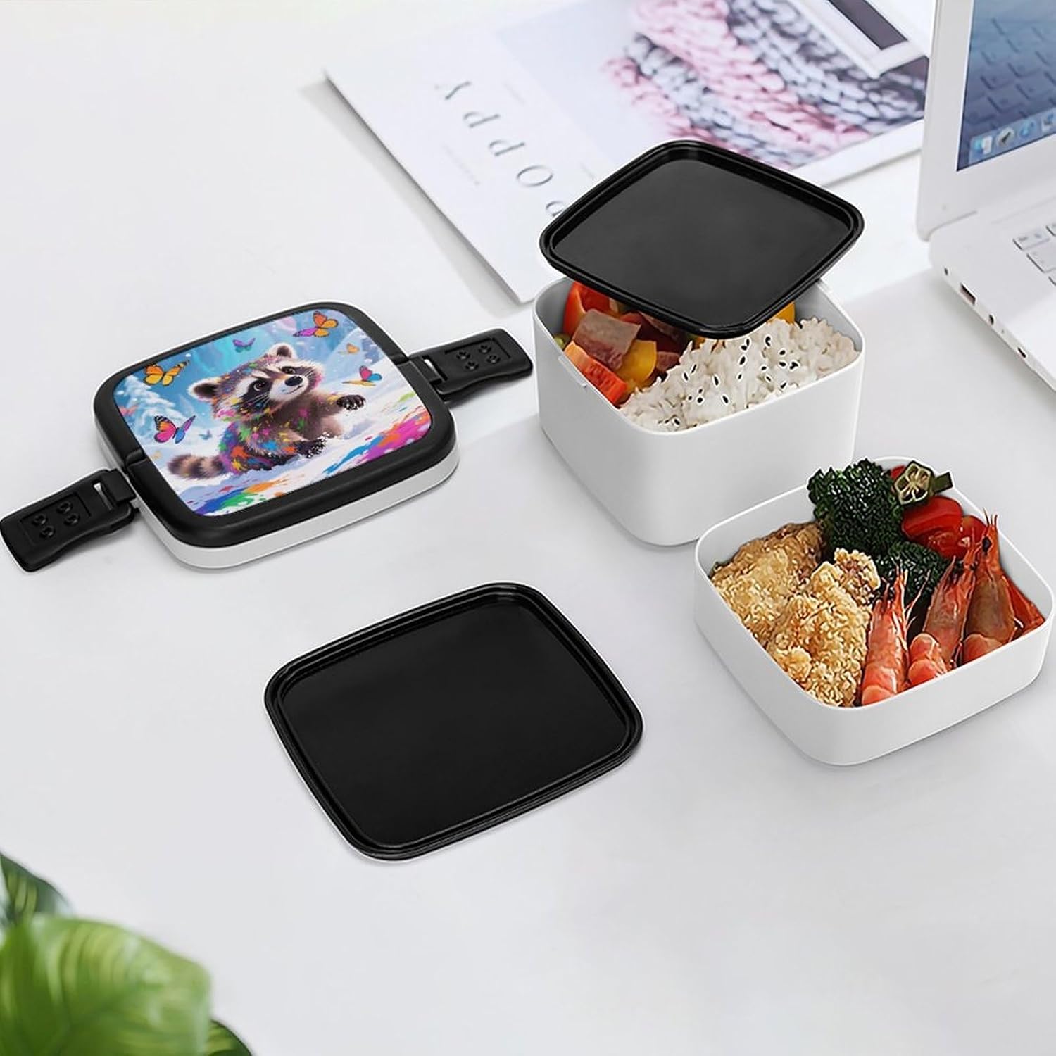 Ice Raccoon Lunch Box for Women All-in-one Stackable Bento Box for Adults Leakproof Bento Large Lunch Boxes Containers with Spoon for Dining Out Work Picnic