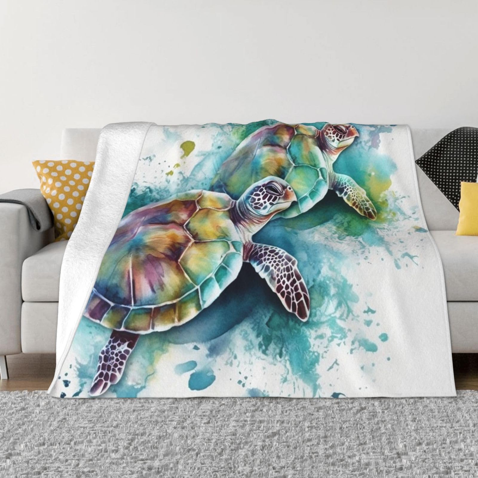 Plaid flanelle respirant et léger motif deux tortues marines