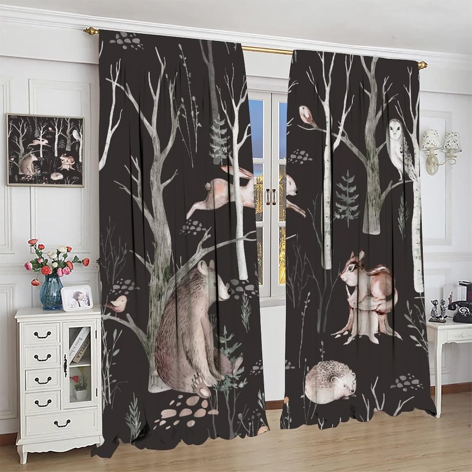 Cartoon Space Blackout Curtains, Watercolor Woodland Wildlife Bear Fox Rabbit Butterfly, Decorative Curtains for Kids Boys Girls Bedroom, 2 Panel Set, 42x45 Inch