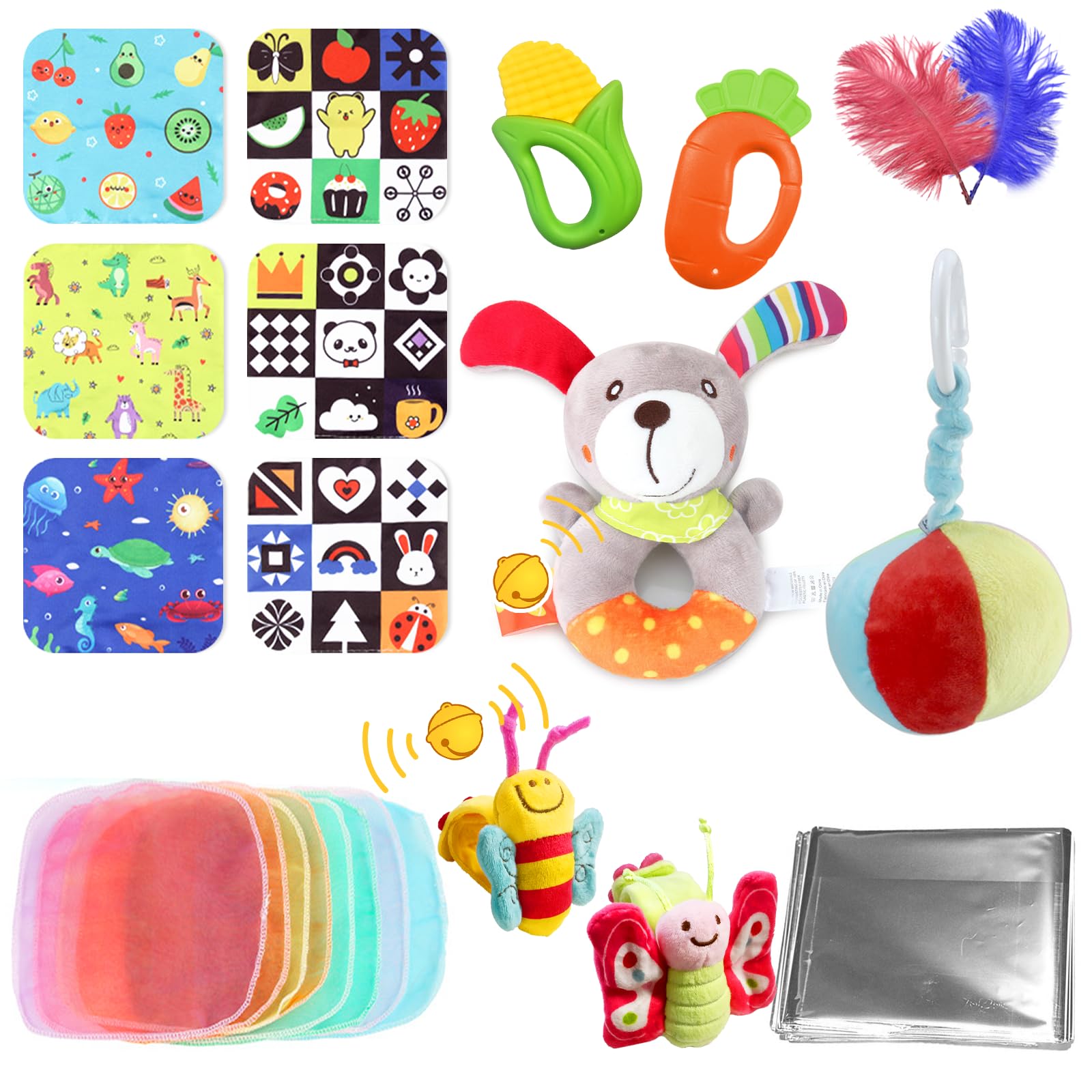 Xerteam 20 Pcs Colorful Baby Sensory Toys, Newborn Sensory Toys for Babies 0 3 6 9 12 Months, Montessori Baby Sensory Toy for Autism Plush Rattle Wrist Rattle Teether Scarves Foil Blanket Baby Sensory