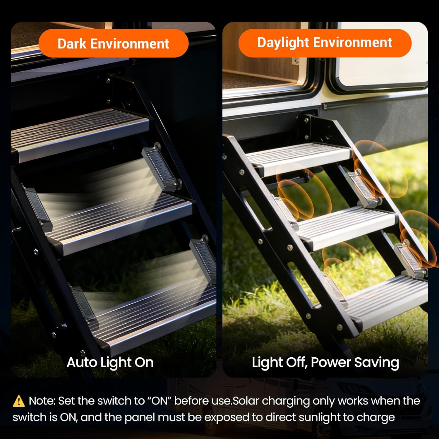 Magnetic Solar RV Step Lights Outdoor Waterproof IP65, 4 Pack 1200mAh Solar Lights for Camper Trailer Motorhome, Auto On/Off Warm LED Stair Lighting for Deck Dock, Anti-UV