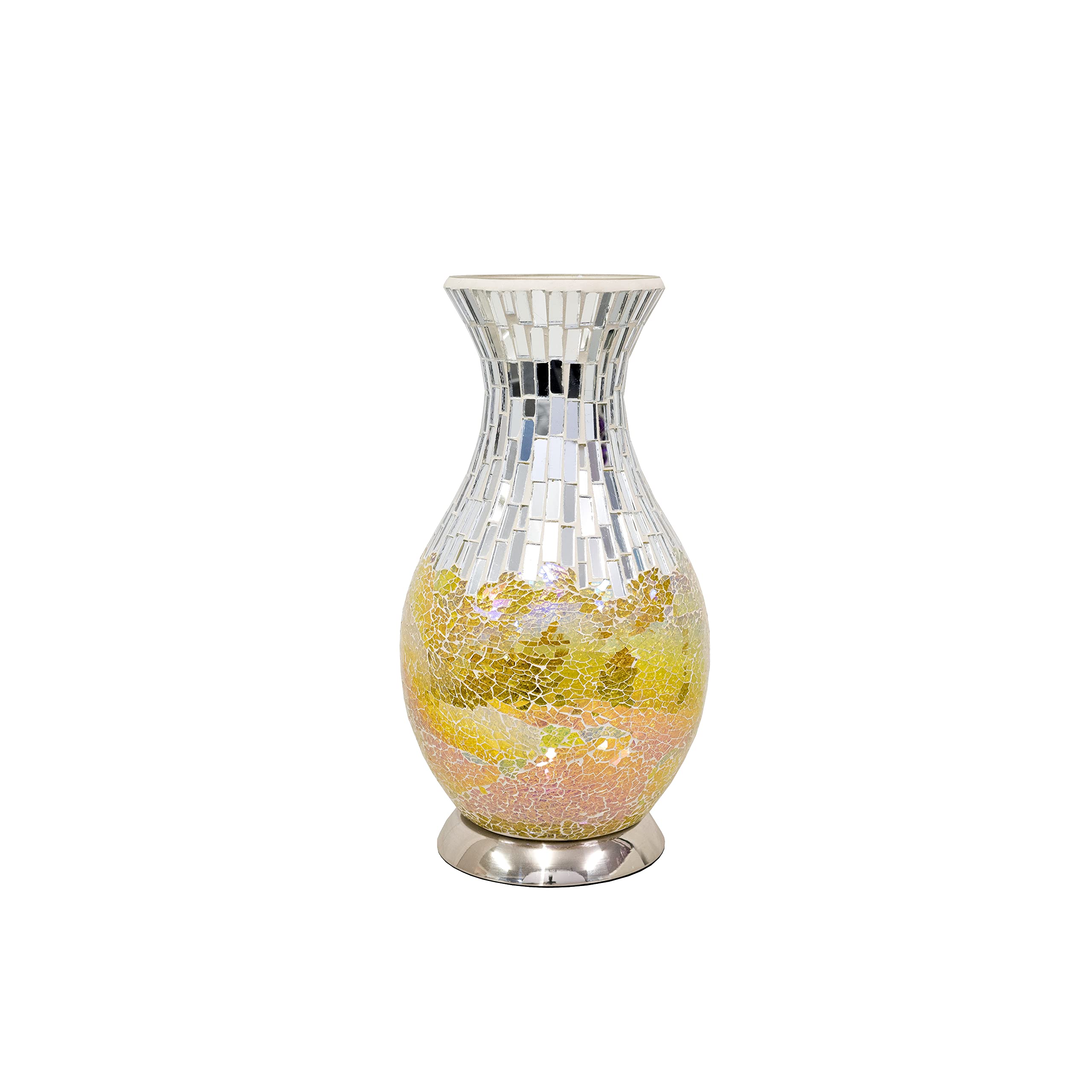 Design By Pepper Yellow Tile Mirror Glass Crackle Table Light Mosaic Vase Lamp With Chrome Base For Bedroom Kitchen And Lounge (Yellow)