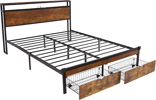 Miniatura 4 de Base de cama LED de tamaño Queen con 2 cajones en ruedas, cabecera de almacenamiento, puertos USB y tomacorrientes, plataforma industrial con luces