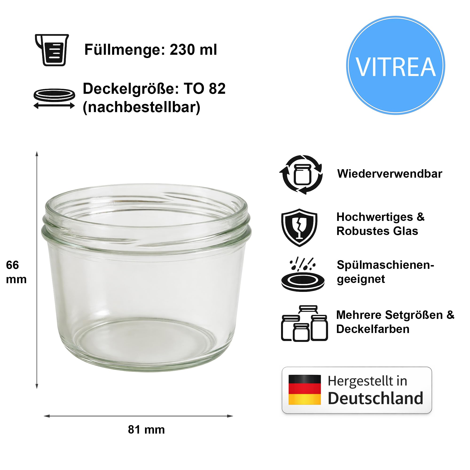 Vitrea 200x Marmeladengläser 230 ml - ohne Deckel TO 82 - Einmachgläser zum befüllen ohne Schraubdeckel - Sturzgläser für Marmelade Schraubgläser - leere Gläser - 200 Stück