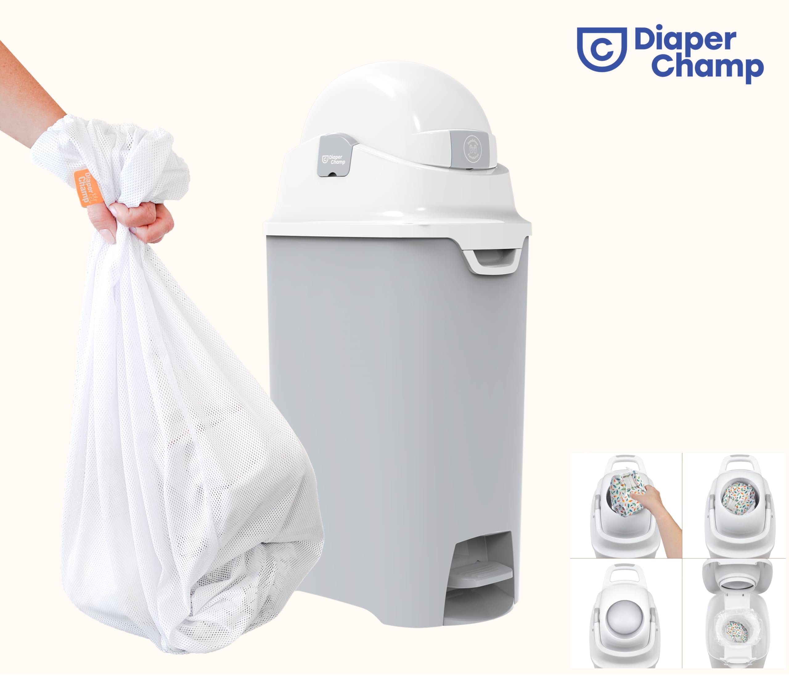 DIAPER CHAMP Handsfree Medium – Cubo de basura con pañales antiolores – manos libres – capacidad ideal – guarderías, micro guarderías, MAM – Sin cintas de recarga – Gris
