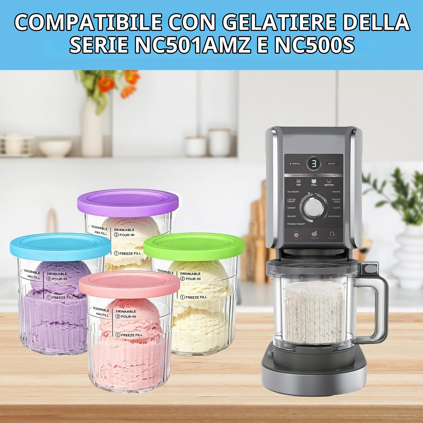 Contenitori per Gelato,4 Pezzi Accessori Gelatiera Serie 680ML,Contenitore Creami per Macchina da Gelato Ninja Creami,Contenitori per Gelato con Coperchio,per Serie NC501 NC500,Senza BPA