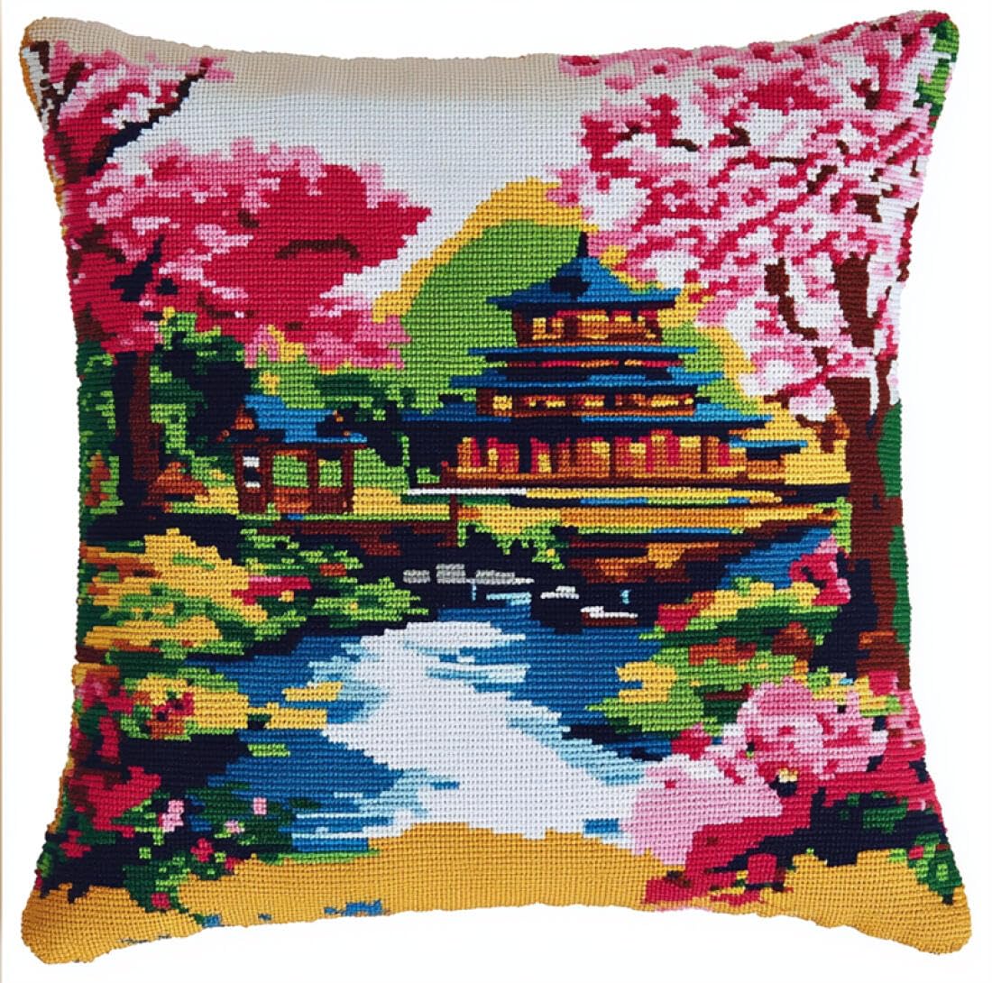 Kitquiver DIY Latch Hook Kit Oriental Architecture Crochet Needlework Crafts with Latch Hook Tool for Adults DIY Handmade Home Cushion Kits Decor 17x17In
