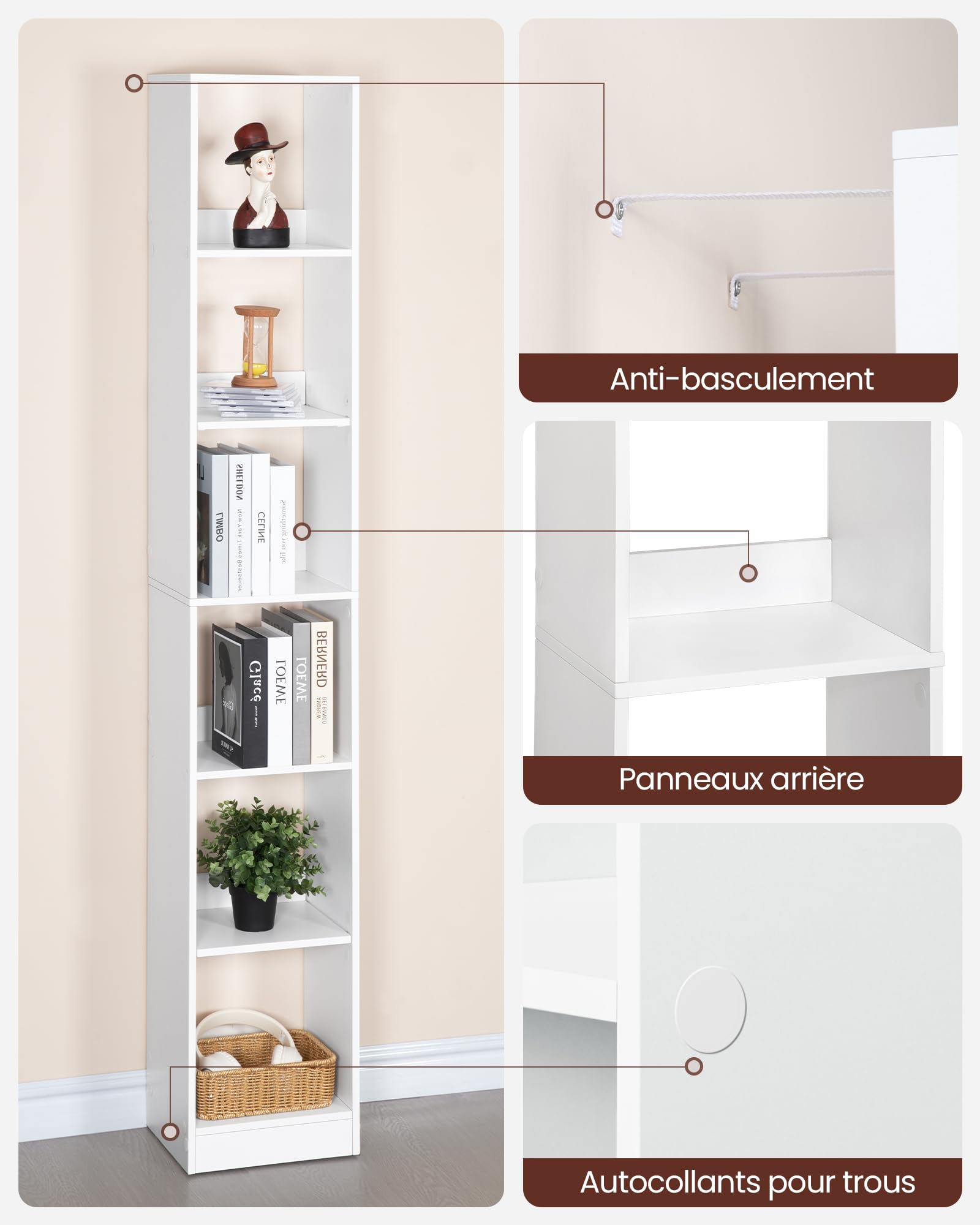 Hzuaneri Bibliothèque, Étagère de Rangement, Meuble, Cube, pour Salon, Bureau, Chambre, Style Scandinave, 24 x 30 x 184,4 cm, Blanc BC09603X