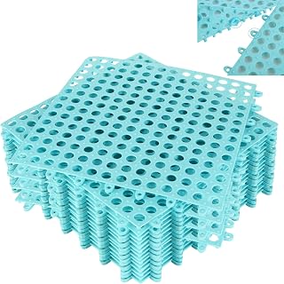 ZUQIAN 16 Pack 12" x 12" Drainage Interlocking Floor Tiles, Non-Slip Soft PVC Splicing Modular Cushion Mat, Rubber Floor Interlocking Mat for Pool Shower Kitchen Tiles Bathtub Mats - Waterproof (Blue)