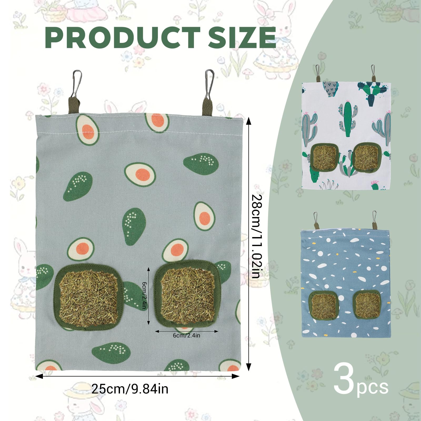 3 Pack Hay Bag for Rabbits, 2-Hole Hanging Rabbit Hay Feeder Bag, Guinea Pig Hays Feeder for Small Pets Rabbits, Chinchillas, Hamsters - image 2