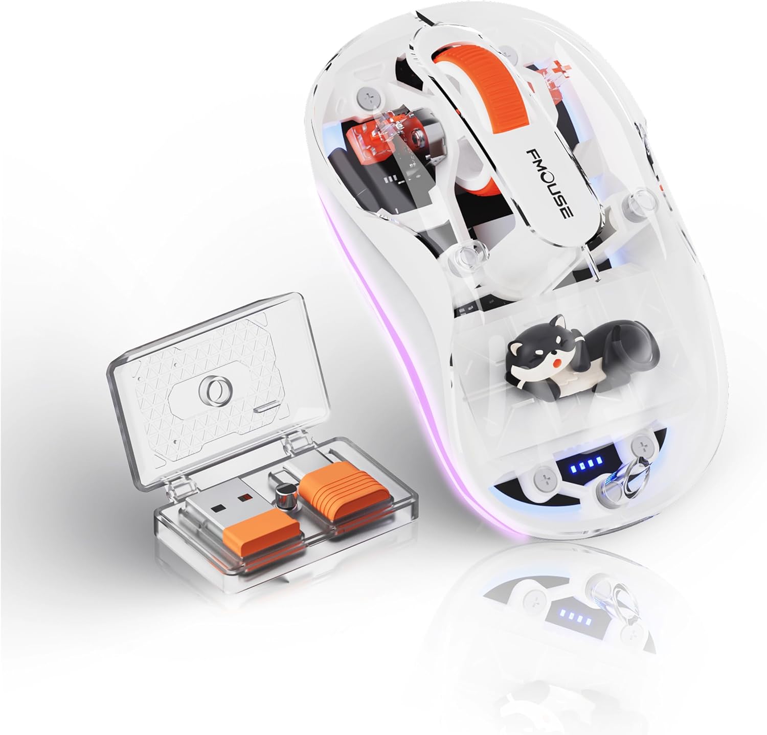 FMOUSE Cute Wireless Mouse Bluetooth Rechargeable, 2.4G & Dual BT Silent Computer Mouse with RGB Light, 4 Adjustable DPI, White Transparent Shell Figurine Design with Otter Doll for Laptop PC MacBook
